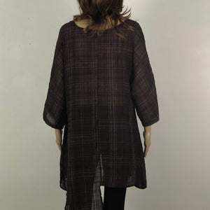 Uneven Hem Check Print Linen Blend Shirt