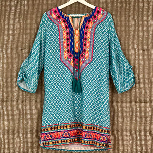 Turquoise Ethnic Print Tunic Dress
