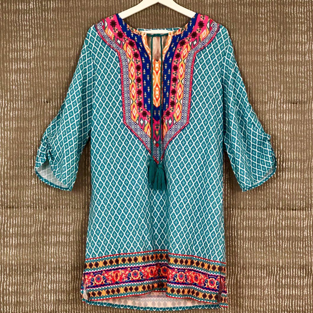 Turquoise Ethnic Print Tunic Dress