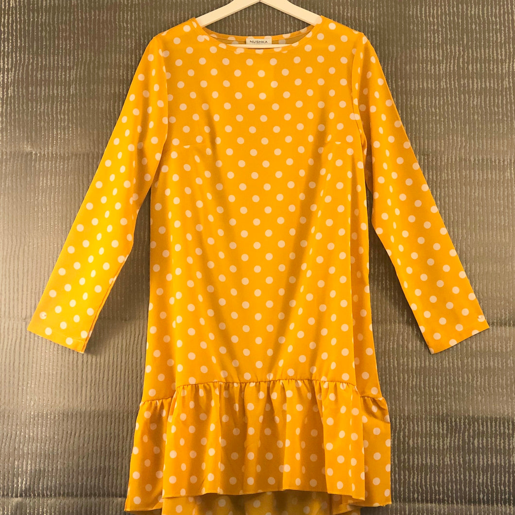Yellow Polka Dot Drop Waist Dress (Long Sleeves)