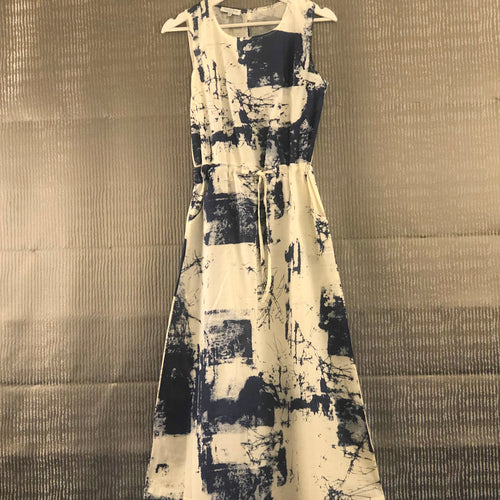 Dark Blue Abstract Print Linen Dress