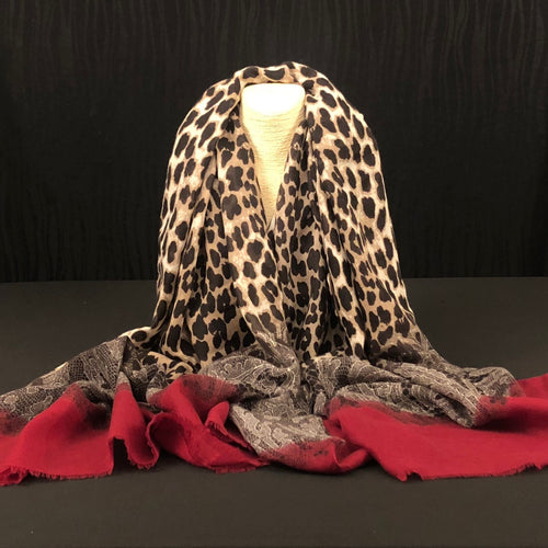 Animal Print with Dark Red - Cotton Scarf